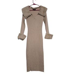 Almost Famous Womens 1X Tan Ribbed Knit Maxi Sweater Dress Faux Fur Collar/Cuffs